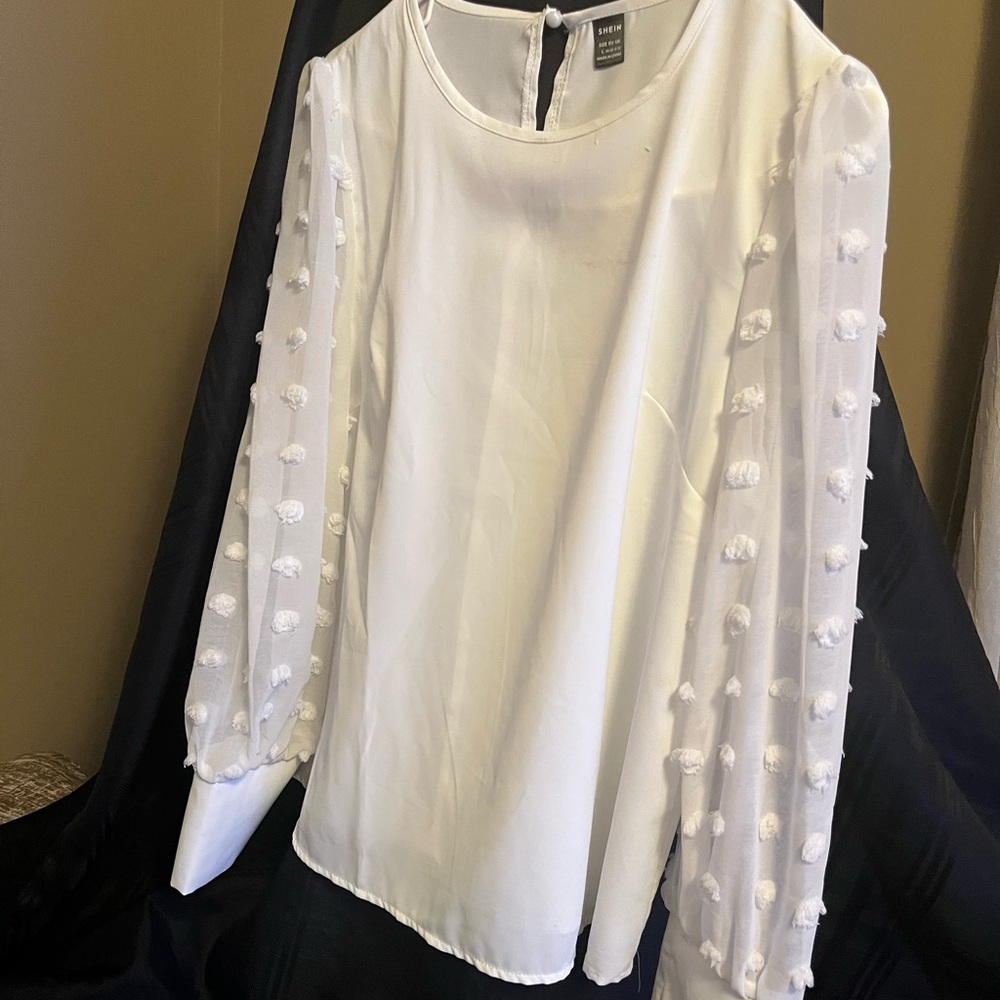 SHEIN White Long Sleeve Boxy Blouse with Embellished Sleeves